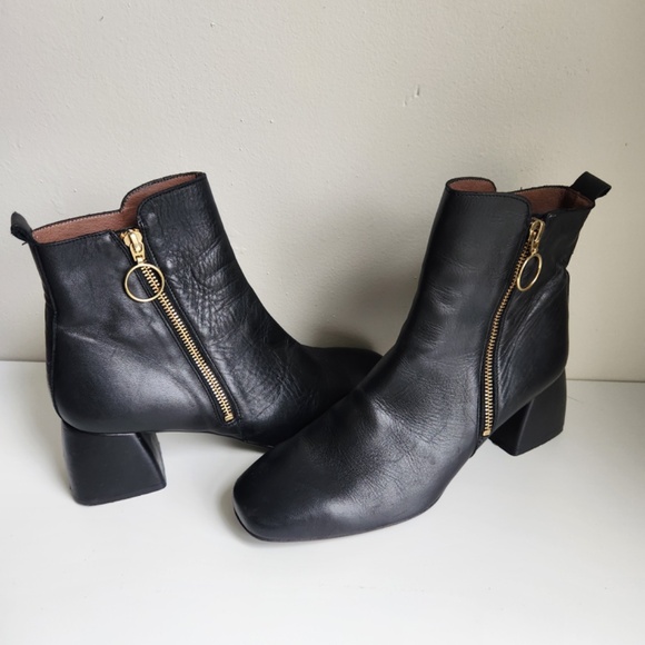 Wonders Iseo Black Leather Booties with Block Heel Gold Zipper Size 40 - Picture 4 of 10